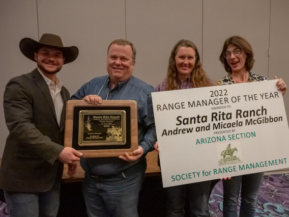 From the left, Josh Grace (Arizona State Land Department), Andrew and Micaela McGibbon (Santa Rita Ranch), and Elise Gornish (AZSRM and University of Arizona).