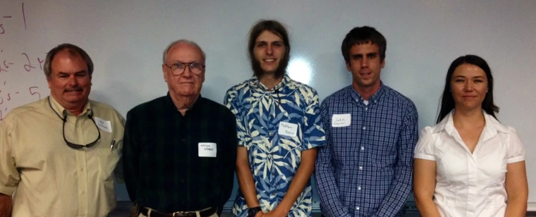 Poster contest winners (from left) Steve Archer standing in for Amy Kwiecien, Malcolm McGregor (contest benefactor), Matthew Nielsen, John Hottenstein, and Eva Levi after the 10th Annual RISE Symposium on 12 October 2013